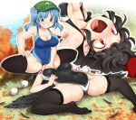  2girls alternate_costume bangs bird_wings black_hair black_legwear blue_eyes blue_hair blush breasts bush cabbie_hat cleavage collarbone commentary_request covered_navel feathered_wings feathers green_headwear grin hair_bobbles hair_ornament harusame_(unmei_no_ikasumi) hat kawashiro_nitori large_breasts lying medium_hair multiple_girls on_back open_mouth pointy_ears pom_pom_(clothes) red_eyes red_headwear shameimaru_aya sitting_on_face smile squatting sweat swimsuit tears thighhighs thighs tokin_hat tongue tongue_out touhou touhou_tag_dream two_side_up wings yuri 