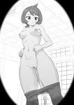  1girl arezu_(pokemon) bangs bar_censor breasts ceiling censored closed_mouth clothes_pull collarbone commentary cowlick eyelashes from_below greyscale highres indoors looking_down makino_harumaki monochrome navel nipples pantyhose pantyhose_pull pokemon pokemon_(game) pokemon_legends:_arceus pussy shiny shiny_clothes shiny_hair short_hair smile solo standing 