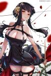  1girl black_dress black_gloves black_hair black_legwear blush breasts cleavage closed_mouth covered_navel cowboy_shot dagger dress dual_wielding earrings fingerless_gloves floating_hair gloves gold_earrings gold_hairband hair_ornament holding holding_dagger holding_weapon hong_(white_spider) jewelry knife large_breasts long_hair multi-strapped_dress multiple_straps patreon_username petals red_eyes sidelocks signature sleeveless sleeveless_dress solo spy_x_family thighhighs thighs thorns weapon yor_briar 