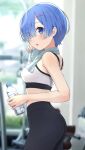  1girl absurdres ass blue_eyes blue_hair blush bottle breasts camui1104 from_side hair_ornament hair_over_one_eye hairclip highres looking_at_viewer medium_breasts midriff open_mouth re:zero_kara_hajimeru_isekai_seikatsu rem_(re:zero) short_hair solo sports_bra sportswear sweat towel water_bottle 