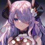  1girl absurdres bare_shoulders blue_eyes braid breasts character_request closed_mouth crown_braid eyebrows_visible_through_hair gradient_eyes granblue_fantasy hair_ornament hair_over_one_eye highres horns large_breasts long_hair looking_at_viewer multicolored_eyes narmaya_(granblue_fantasy) pointy_ears purple_eyes purple_hair shanguier sleeveless solo turtleneck upper_body wavy_mouth 