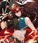  1girl bangs black_hair cape chariko commentary fate/grand_order fate_(series) gloves hair_between_eyes hat highres koha-ace long_hair looking_at_viewer oda_nobunaga_(fate) oda_uri open_mouth peaked_cap red_eyes smile solo very_long_hair weapon 