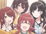  4girls ahoge bangs black_eyes black_hair blush brown_hair choker closed_eyes closed_mouth crossed_bangs earrings eyebrows_visible_through_hair hair_between_eyes high_ponytail highres idolmaster idolmaster_shiny_colors jewelry kazano_hiori komiya_kaho long_hair long_sleeves looking_at_viewer mole mole_under_mouth multiple_girls nail_polish official_art oosaki_amana open_mouth outstretched_arm ponytail reaching_out red_hair selfie shirase_sakuya smile swept_bangs turtleneck v yellow_eyes 