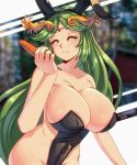  1girl animal_ears arwald bare_shoulders black_leotard blush bow breasts carrot cleavage closed_mouth detached_collar fake_animal_ears green_hair highres kid_icarus large_breasts leotard long_hair looking_at_viewer palutena playboy_bunny rabbit_ears simple_background smile solo strapless strapless_leotard tiara very_long_hair wrist_cuffs 