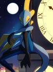  building clock clock_tower commentary_request half-closed_eyes highres inteleon leg_up looking_down moon night outdoors pokemon pokemon_(creature) signature sitting sky solo star_(sky) tower yellow_eyes zymonasyh 