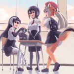  absurdres african_penguin_(kemono_friends) animal_costume animal_ears black_hair fox_ears fox_girl fox_tail gloves hat highres humboldt_penguin_(kemono_friends) island_fox_(kemono_friends) jacket kemono_friends kemono_friends_v_project long_hair multicolored_hair multiple_girls necktie open_mouth penguin_costume penguin_tail sawara_noa school_uniform shirt shoes short_hair silver_hair skirt smile tail twintails virtual_youtuber 