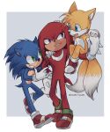  3boys absurdres artist_name blue_eyes carrying_over_shoulder commentary english_commentary gloves green_eyes grey_background grin hand_on_another&#039;s_hand hand_on_another&#039;s_head hand_on_another&#039;s_shoulder highres knuckles_the_echidna looking_at_another multiple_boys multiple_tails nannelflannel no_humans open_mouth purple_eyes red_footwear simple_background sitting_on_shoulder slit_pupils smile sonic_(series) sonic_the_hedgehog sonic_the_hedgehog_(film) sonic_the_hedgehog_2_(film) standing tail tails_(sonic) twitter_username white_background white_gloves 