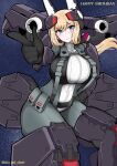  1girl absurdres alice_gear_aegis black_gloves blonde_hair bodysuit breasts domidori eyebrows_visible_through_hair finger_gun floating_hair gloves grey_bodysuit happy_birthday highres large_breasts long_hair looking_at_viewer mecha_musume rita_henschel science_fiction smile solo space v-shaped_eyebrows 