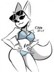  2021 4:3 5_fingers aggressive_retsuko anthro big_ears bikini black_eyes blue_bikini blue_bikini_bottom blue_bikini_top blue_clothing blue_swimwear canid canine capaoculta clothing digital_media_(artwork) eyewear eyewear_on_head female fennec fenneko fingers fox fur hands_on_hips hi_res looking_at_viewer mammal navel sanrio shaded simple_background smile solo standing sunglasses sunglasses_on_head swimwear white_background white_body white_fur 