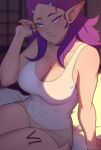  1girl adjusting_hair artist_name bangs blind blurry blurry_background blush breasts collarbone commentary dolphin_shorts elledara_(razalor) grey_eyes grey_shorts indoors leg_tattoo long_hair looking_at_viewer medium_breasts original parted_bangs pointy_ears purple_hair razalor scar scar_across_eye shorts sitting solo symbol-only_commentary tank_top tattoo thighs white_tank_top 