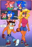  activision anthro bandicoot blonde_hair classic_amy_rose classic_sonic classic_sonic_(universe) clothed clothing comic crash_bandicoot crash_bandicoot_(series) crossover eulipotyphlan female green_eyes group hair hand_holding hedgehog hi_res kayllacat male mammal marsupial sega shy sonic_the_hedgehog sonic_the_hedgehog_(series) sparkles tawna_bandicoot video_games 