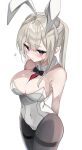  1girl absurdres alternate_costume animal_ears arms_behind_back between_breasts black_bow black_bowtie black_legwear blonde_hair bow bowtie breasts cleavage cowboy_shot detached_collar fathom graf_zeppelin_(kancolle) grey_eyes hair_between_eyes highres kantai_collection large_breasts leotard looking_at_viewer necktie pantyhose playboy_bunny rabbit_ears red_necktie sidelocks solo strapless strapless_leotard thighband_pantyhose twintails white_background white_leotard wrist_cuffs 