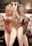  2girls absurdres alternate_costume armpits arms_up azur_lane backlighting ball_gag bar bdsm blonde_hair blurry blurry_background bondage bound bound_wrists breasts cleavage cleavage_cutout clothing_cutout crotch_rope curvy depth_of_field gag gagged grey_hair highleg highleg_swimsuit highres indoors jean_bart_(azur_lane) large_breasts leg_garter looking_at_viewer multiple_girls official_alternate_costume red_eyes restrained richelieu_(azur_lane) richelieu_(fleuron_of_the_waves)_(azur_lane) swimsuit thigh_strap thighs yuuraku_yuraku 