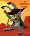  anthro clothing easter gun hat headgear headwear hi_res holidays humor joke lagomorph leporid machine_gun male mammal poncho rabbit ranged_weapon solo the_western_bunny weapon western wordplay zooshi 