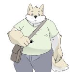  2022 anthro belly big_belly black_nose blush bottomwear canid canine canis clothing domestic_dog fugashi4090 humanoid_hands kemono male mammal overweight overweight_male pants shirt simple_background solo topwear 