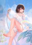  1girl atdan bangs bare_legs barefoot brown_hair eyebrows_visible_through_hair feet foot_out_of_frame highres holding holding_shower_head open_mouth original panties red_eyes shirt short_hair shower_head sitting solo toes underwear white_panties white_shirt 