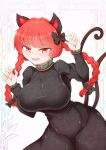  1girl :d animal_ears bangs bell bow braid breasts cat_ears cat_tail claw_pose dollyspica dress hair_bow kaenbyou_rin large_breasts long_hair long_sleeves looking_at_viewer multiple_tails nekomata open_mouth red_eyes red_hair smile solo tail touhou twin_braids 