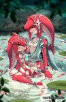  1boy 1girl blue_eyes blush brother_and_sister colored_skin fins fish_boy fish_girl highres jewelry kamaniki long_hair mipha monster_boy monster_girl multicolored_skin no_eyebrows pointy_ears red_skin siblings sidon smile the_legend_of_zelda the_legend_of_zelda:_breath_of_the_wild water yellow_eyes younger zora 
