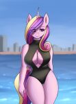  anthro beach breasts cleavage_cutout clothing equid equine female friendship_is_magic hasbro hi_res horn mammal my_little_pony one-piece_swimsuit princess_cadance_(mlp) seaside solo swimwear winged_unicorn wings zachc 
