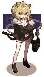  1girl amonitto animal_ears arknights bangs bare_legs black_footwear black_jacket blonde_hair breasts brown_eyes candy cleavage clenched_hand collar commentary_request food food_in_mouth freckles full_body fur-trimmed_jacket fur_trim hammer highres jacket lion_ears lion_girl lion_tail lollipop long_sleeves looking_at_viewer open_clothes open_jacket red_shorts shirt shoes short_shorts short_sleeves shorts siege_(arknights) sledgehammer solo standing tail white_shirt 