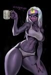  2022 alien alien_humanoid black_background bodily_fluids bottomwear bra breasts camel_toe clothing dialogue duck_dodgers english_text female hair hand_on_leg hand_on_thigh hi_res holding_mug holding_object hotpants humanoid johnfoxart looking_at_viewer martian midriff mouthless mug navel not_furry portrait purple_body purple_skin queen_tyr&#039;ahnee shorts simple_background solo sports_bra sweat text three-quarter_portrait underwear white_hair 