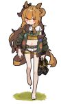  1girl amonitto animal_ears bangs bare_legs barefoot belt blush bomber_jacket boots boots_removed brown_hair closed_mouth commentary_request crop_top dog_tags full_body green_jacket highres holding holding_boots holding_clothes holding_footwear horse_ears horse_girl horse_tail jacket long_hair long_sleeves mayano_top_gun_(umamusume) midriff navel off_shoulder open_clothes open_jacket orange_eyes short_shorts shorts solo tail tears two_side_up umamusume walking white_shorts 