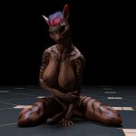  3d_(artwork) 5_fingers animal_genitalia animal_penis anthro bat_ears bat_nose big_breasts big_penis black_stripes blue_eyes breasts brown_body brown_skin chiropteran collarbone digital_media_(artwork) earthclan3d equine_penis fingers genitals gigi_(earthclan) glistening glistening_body glistening_skin gynomorph hair head_tilt hi_res holding_arm intersex kneeling mammal medial_ring multicolored_hair natural_breasts nipples no_wings penis pink_hair pink_penis pinup pose purple_hair shadow simple_background solo spread_legs spreading striped_body striped_skin stripes two_tone_breasts two_tone_hair 