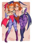  2girls animal_print bare_shoulders bat_print bat_wings ben_10 blush boots breasts bridal_gauntlets centinel303 cleavage clothing_cutout cosplay crossover earrings freckles full_body gravity_falls green_eyes gwendolyn_tennyson hair_ornament hairclip hand_on_another&#039;s_shoulder hand_on_hip head_wings heart_cutout jewelry knee_boots leotard lilith_aensland lilith_aensland_(cosplay) long_hair looking_at_viewer looking_to_the_side low_wings medium_hair morrigan_aensland morrigan_aensland_(cosplay) multiple_girls patterned_background print_legwear purple_footwear red_eyes red_hair smile standing wendy_corduroy wings 