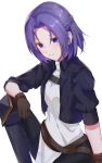  1girl 310setsu absurdres black_gloves black_jacket braid closed_mouth collared_jacket gloves hair_intakes highres jacket jun_(princess_connect!) long_sleeves medium_hair open_clothes open_jacket princess_connect! purple_eyes purple_hair shiny shiny_hair short_sleeves simple_background sitting smile solo white_background wing_collar 