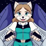  anthro arwing blonde_hair canid canine clothed clothing cockpit female fingerless_gloves fox fur gloves green_eyes hair handwear hi_res mammal missmccloud nintendo open_mouth pilot science_fiction smile solo space spacecraft star_fox tan_body tan_fur vehicle video_games 