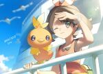  1girl bird blurry blush bow_hairband bracelet brown_hair closed_mouth cloud commentary_request dated day eyelashes fanny_pack fence grey_eyes hairband jewelry lens_flare may_(pokemon) medium_hair one_eye_closed orange_hairband orange_shirt outdoors pokemon pokemon_(creature) pokemon_(game) pokemon_oras shibano_1103 shirt sky sleeveless sleeveless_shirt torchic wingull 