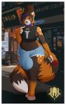  10:16 absurd_res ailurid anthro balls_outline big_bulge big_tail blue_eyes blue_hair brown_body brown_fur bulge clothing collar crop_top detailed_bulge flower fur genital_outline girly hair hi_res howenomad male mammal orange_body orange_fur penis_outline plant red_panda rose_(flower) shinamin_ironclaw shirt slightly_chubby solo thick_thighs topwear white_body white_fur wide_hips 
