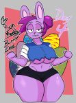  2022 anthro bottomwear breasts buckteeth bunny_enid cartoon_network clothing easter_egg enid_(ok_k.o.!_lbh) female hair half-closed_eyes hi_res hotpants jyto lagomorph leporid looking_at_viewer mammal midriff narrowed_eyes ok_k.o.!_let&#039;s_be_heroes portrait purple_body purple_hair rabbit shorts solo teeth text thick_thighs three-quarter_portrait under_boob wide_hips 