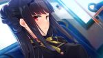  1girl bangs black_hair black_shirt bus_interior closed_mouth courreges_ace earrings eyebrows_visible_through_hair game_cg hajilove_-making_lovers- highres indoors jewelry long_hair neck_ribbon red_eyes ribbon shiny shiny_hair shirt solo tanabe upper_body yellow_ribbon yofune_hatsuho 