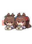  2girls agnes_tachyon_(umamusume) ahoge amonitto animal_ears bangs blush brown_eyes brown_hair chibi commentary_request cropped_torso cup daiwa_scarlet_(umamusume) disposable_cup drinking drinking_straw earrings highres holding holding_cup horse_ears jewelry jitome long_hair multiple_girls purple_shirt red_eyes sailor_collar school_uniform shirt single_earring tiara tracen_school_uniform twintails umamusume upper_body v-shaped_eyebrows 