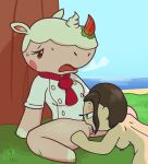  2022 animal_crossing anthro bodily_fluids bottomless bottomless_anthro bottomless_female breasts brown_hair clothed clothing cunnilingus detailed_background duo female female/female female_on_anthro female_on_human food food_creature genitals hair hi_res human human_on_anthro interspecies krackdown9 licking mammal merengue_(animal_crossing) nintendo nipples nude oral outside_sex public public_sex pussy reclining rhinocerotoid sex spread_legs spreading sweat tongue tongue_out vaginal video_games villager_(animal_crossing) 