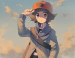  1boy belt belt_buckle black_belt black_shirt blue_jacket brown_eyes brown_hair buckle closed_mouth cloud commentary day hand_on_headwear hand_up hat hilbert_(pokemon) jacket long_sleeves looking_at_viewer male_focus outdoors poke_ball_print pokemon pokemon_(game) pokemon_bw red_headwear shibano_1103 shirt short_hair sky solo strap zipper_pull_tab 