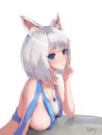  157551sm 1girl animal_ear_fluff animal_ears azur_lane blue_eyes blue_ribbon breast_rest breasts breasts_on_table eyebrows_visible_through_hair from_side highres kaga_(azur_lane) large_breasts leaning_forward medium_hair revealing_clothes ribbon round_table sideways_glance signature simple_background solo upper_body white_background white_hair 