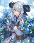  1girl au_ra avatar_(ff14) bangs blue_cloak blue_eyes blue_flower blue_rose cloak commentary curled_horns dragon_horns dress feet_out_of_frame final_fantasy final_fantasy_xiv flower grey_hair hand_up highres hood hood_down hooded_cloak horns karurururuun leaf long_hair looking_at_viewer multiple_horns rose scales seiza sitting solo swept_bangs symbol-only_commentary uneven_eyes white_background white_dress wrist_cuffs 
