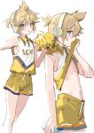  1boy :o absurdres androgynous arm_at_side bangs bare_legs bishounen blue_eyes blush bottle clothes_lift commentary cowboy_shot eyebrows_visible_through_hair feet_out_of_frame hair_between_eyes hand_up headphones highres holding holding_bottle kagamine_len lifted_by_self light_brown_hair long_bangs male_focus multiple_views navel open_mouth pom_pom_(cheerleading) shirt shirt_lift shirt_tucked_in short_hair short_ponytail shorts sideways_glance simple_background sketch sleeveless sleeveless_shirt standing symbol-only_commentary vocaloid white_background wumumu yellow_shorts 