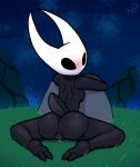  2022 anthro anus arthropod black_body black_eyes blue_anus blue_pussy bodily_fluids butt detailed_background empty_eyes fecharis female full-length_portrait genital_fluids genitals hi_res hollow_knight hornet_(hollow_knight) insect kneeling krackdown9 looking_back nude portrait pussy pussy_juice rear_view solo team_cherry video_games 