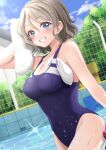  1girl absurdres blue_eyes blue_sky blue_swimsuit breasts cleavage cloud commentary_request competition_swimsuit day dutch_angle fence grey_hair grin highres house love_live! love_live!_sunshine!! medium_breasts one-piece_swimsuit outdoors pukonuu short_hair sky smile solo swim_cap_removed swimsuit towel watanabe_you white_headwear 