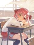  1girl arm_pillow bangs black_legwear blush brown_eyes chair classroom closed_mouth desk dokkumaa eyebrows_visible_through_hair hair_ribbon heterochromia highres hololive houshou_marine indoors kneehighs long_hair long_sleeves looking_at_viewer looking_to_the_side pleated_skirt red_eyes red_hair red_ribbon red_skirt ribbon school_chair school_desk school_uniform shirt sitting skirt smile solo twintails virtual_youtuber white_shirt 