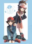  1boy 1girl bag baseball_cap belt_buckle black_jacket black_shirt blue_eyes blue_jacket brown_eyes brown_hair buckle commentary_request grey_pants hand_on_another&#039;s_shoulder hat high_ponytail hilbert_(pokemon) hilda_(pokemon) jacket knees leaning_forward long_hair long_sleeves looking_at_viewer messenger_bag pants parted_lips poke_ball_print pokemon pokemon_(game) pokemon_bw red_footwear red_headwear shibano_1103 shirt shoes short_hair shoulder_bag sidelocks sitting standing 