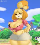  2022 absurd_res animal_crossing anthro blush bodily_fluids bra breasts can canid canine canis cleavage clothed clothing cloud container digital_media_(artwork) domestic_dog eyebrows eyes_closed female fingers flower gammainks hair hi_res holding_can holding_container holding_object isabelle_(animal_crossing) looking_at_viewer mammal nintendo one_eye_closed outside plant shih_tzu solo sweat thick_thighs toy_dog underwear video_games wide_hips 