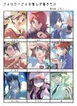  3girls 6+boys backwards_hat bangs baseball_cap black_hair black_shirt black_undershirt black_vest black_wristband blue_eyes blue_hair blue_jacket blunt_bangs border brown_hair casteliacone closed_mouth commentary_request cube double_bun elesa_(pokemon) ethan_(pokemon) falkner_(pokemon) green_hair grin hair_over_one_eye hand_on_headwear hand_up hat headphones hilda_(pokemon) holding holding_poke_ball jacket long_hair multiple_boys multiple_girls n_(pokemon) nate_(pokemon) open_clothes open_jacket open_mouth open_vest poke_ball poke_ball_(basic) pokemon pokemon_(game) pokemon_adventures pokemon_bw pokemon_bw2 pokemon_hgss raglan_sleeves red_hair red_headwear red_jacket rosa_(pokemon) shibano_1103 shirt short_hair short_sleeves silver_(pokemon) smile tongue translation_request vest visor_cap white_border white_shirt wristband yellow_eyes yellow_jacket 