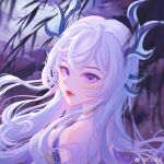  1girl bare_shoulders dark_background douluo_dalu dress expressionless gu_yuena horns huan_zhi_jing_ming long_hair looking_at_viewer purple_eyes silver_hair solo upper_body weibo_id white_dress 