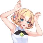  1girl arms_up bell black_bow black_bowtie blonde_hair blue_eyes bow bowtie braid bunny_pose hair_bow hands_up jingle_bell looking_at_viewer medium_hair millie_parfait neck_bell nijisanji nijisanji_en open_mouth phony_(cevio) shirt sleeveless sleeveless_shirt solo temachii transparent_background upper_body white_shirt 