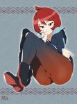  1girl arezu_(pokemon) ass bangs blush collarbone commentary cowlick diamond_clan_outfit english_commentary gradient gradient_legwear hair_between_eyes highres jacket long_sleeves looking_at_viewer pantyhose pokemon pokemon_(game) pokemon_legends:_arceus r3dfive red_eyes red_hair short_hair solo 