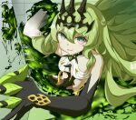  1girl absurdres bangs bare_shoulders black_dress claw_ring crown dress elbow_gloves gloves green_eyes green_hair grin highres honkai_(series) honkai_impact_3rd looking_at_viewer mi_si_lei_da_ke mobius_(honkai_impact) open_mouth single_glove smile solo teeth v-shaped_eyebrows wavy_hair 